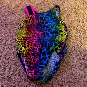 Front and back of the rainbow leopard Leotard